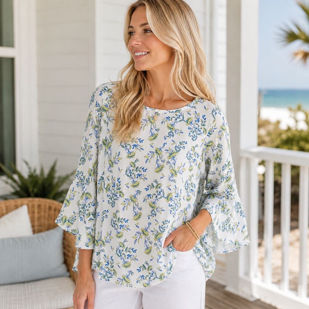 AND Floral Bell Sleeve Blouse White Blue Yellow Boho Top Size 16